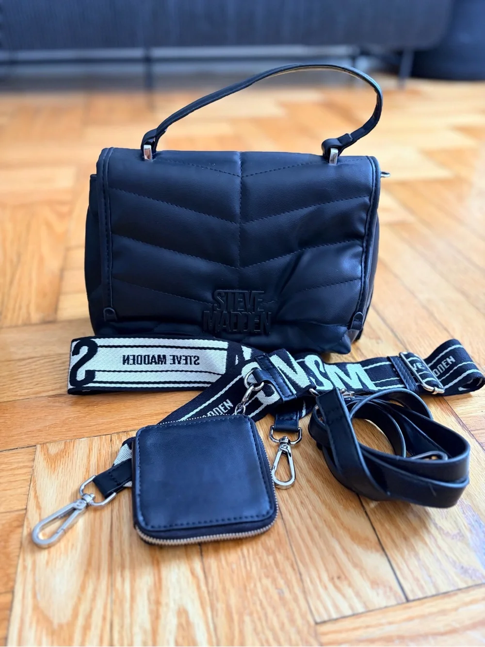 Steve Madden Black Quilted Crossbody with Logo Strap and Coin Pouch